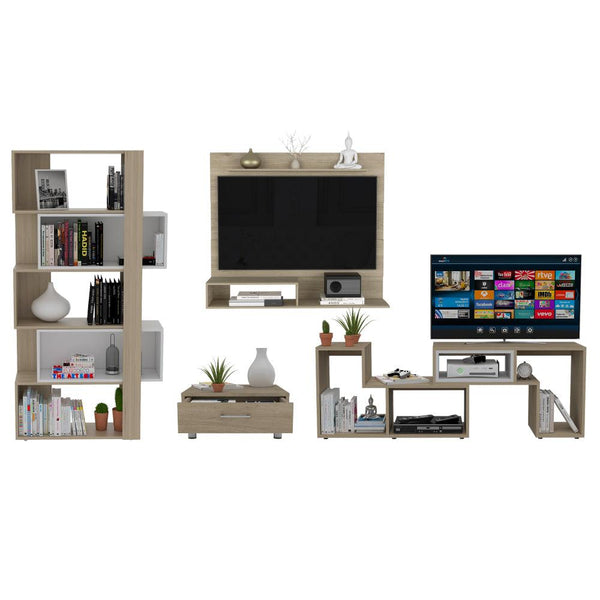 Combo para Sala, Ascher, Incluye Biblioteca, Mesa de Centro, Panel y Mesa para TV, Beige y Blanco - VIRTUAL MUEBLES