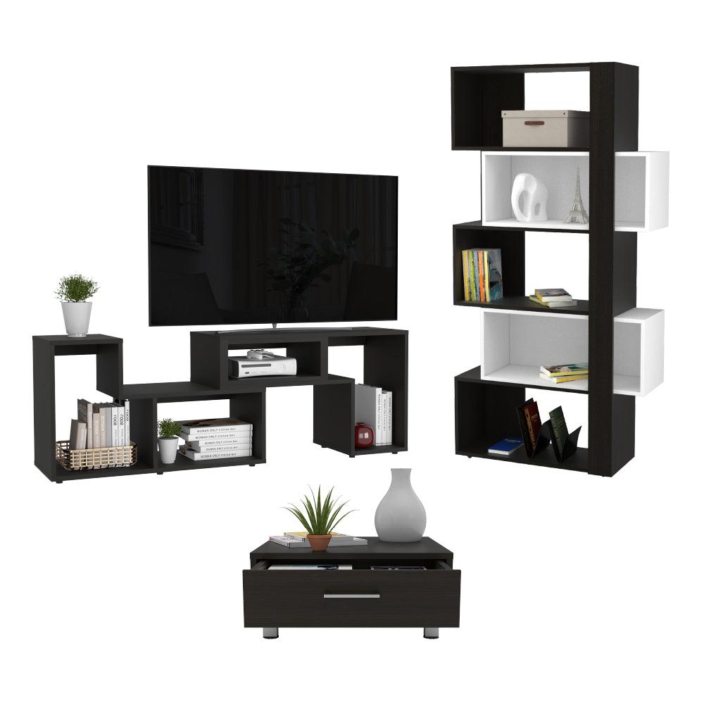 Combo para Sala, Ascher, Incluye Biblioteca, Mesa de Centro y Mesa para TV, Wengue y Blanco - VIRTUAL MUEBLES