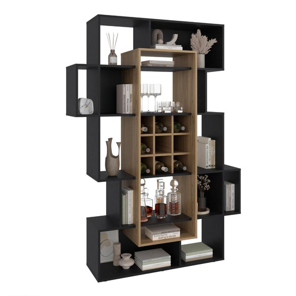 Biblioteca Bar Simba, Wengue y Fresno Europeo, con espacio para libros, copas, licores