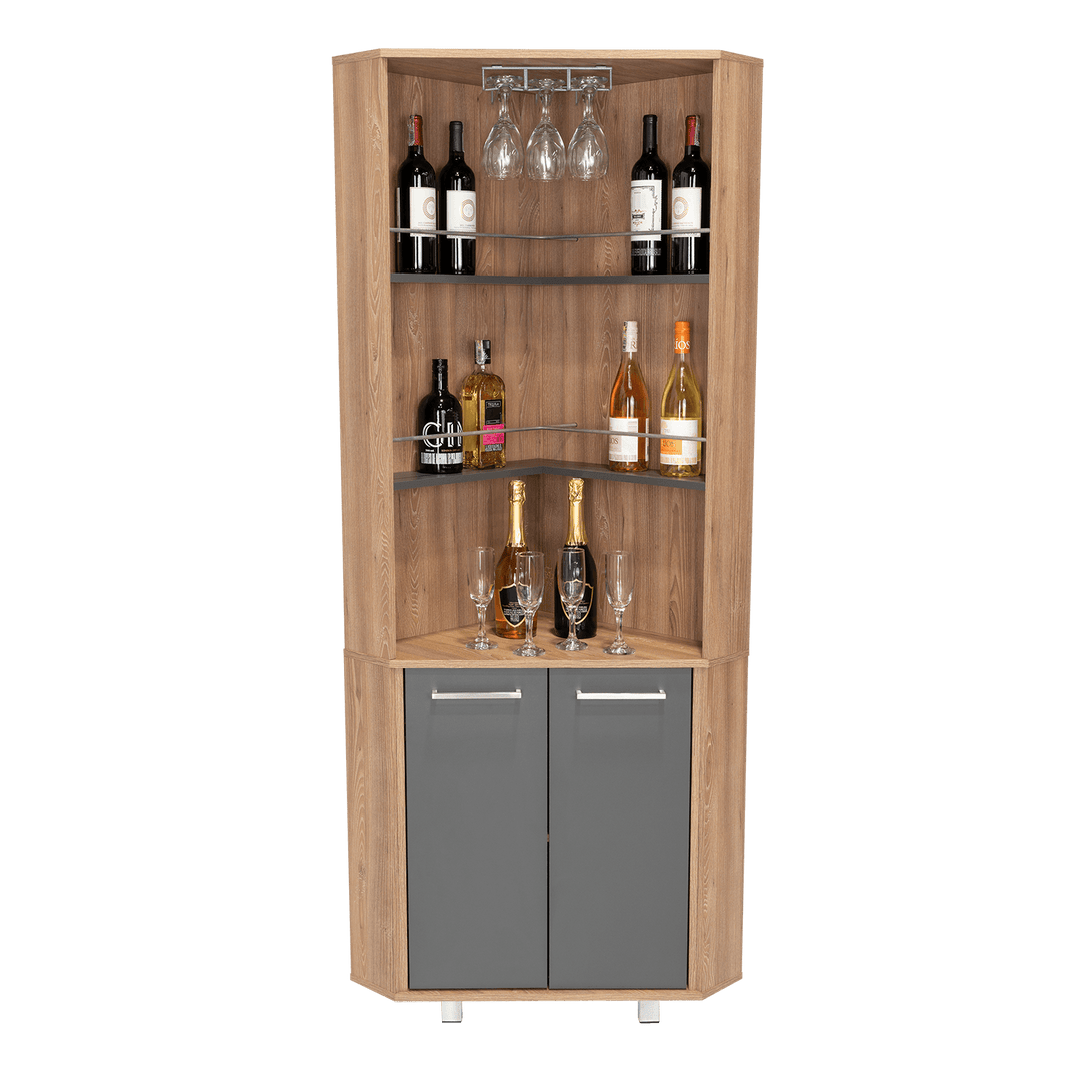 Bar Polinesio, Miel y Plata Oscuro, con Espacio Para Botellas y Copas - VIRTUAL MUEBLES