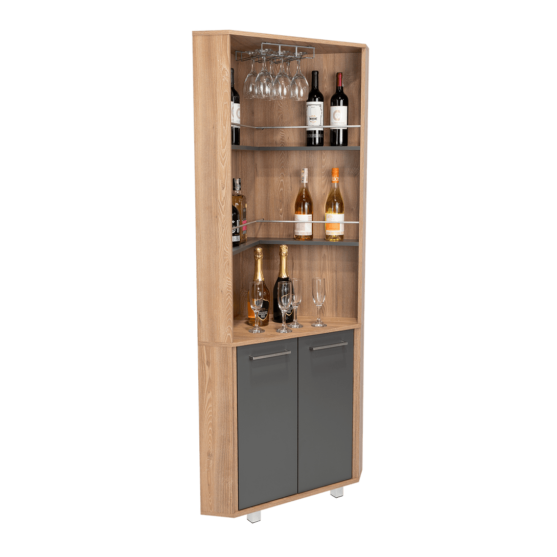 Bar Polinesio, Miel y Plata Oscuro, con Espacio Para Botellas y Copas - VIRTUAL MUEBLES