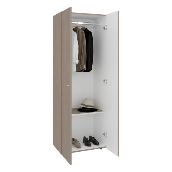 Closet Beico, Bardolino y Blanco Duqueza, con dos Puertas Abatibles y un Tubo cromado