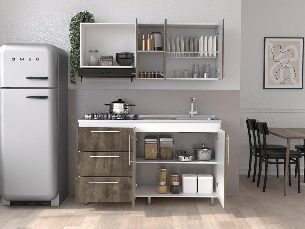 Cocina Integral Rubio, Blanco Duqueza y Nogal, Incluye Mesón Derecho - VIRTUAL MUEBLES