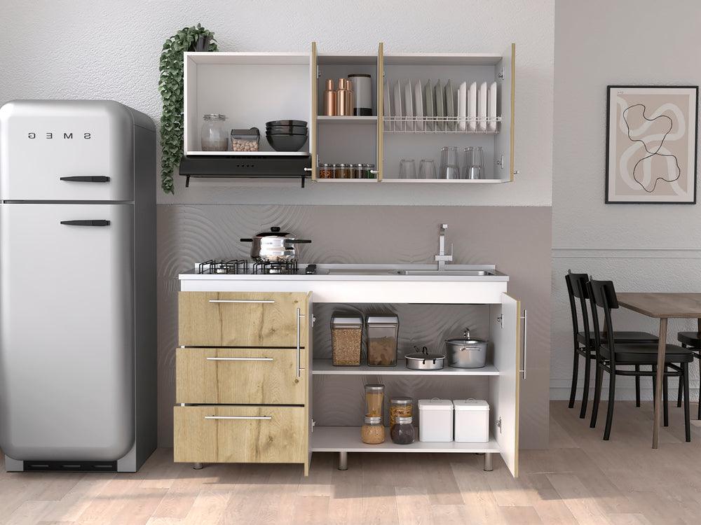 Cocina Integral Rubio, Blanco Duqueza y Café Claro, incluye Mesón Derecho - VIRTUAL MUEBLES