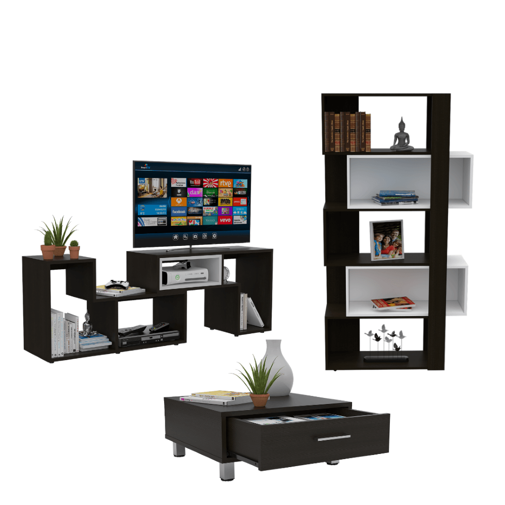 Combo Para Sala Silverstone, Incluye Mesa Para Tv Biblioteca Cubo Y Mesa De Centro.