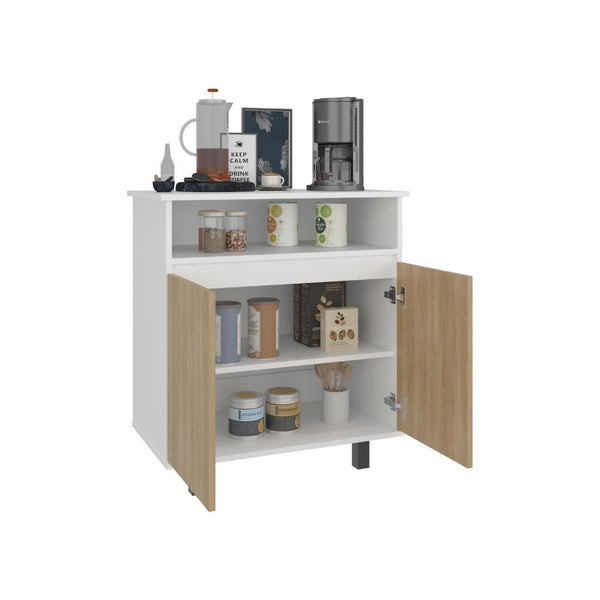 Mesa Auxiliar de Cocina Lona, Blanco Duqueza y Fresno Europeo, con 2 puertas abatibles y espacio para microondas