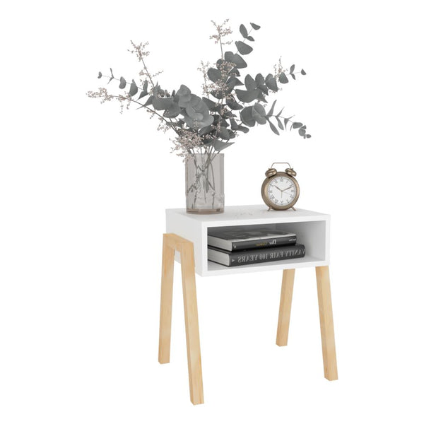 Mesa de Noche Pinet, Blanco Duqueza, con un entrepaño para guardar objetos y diseño minimalista