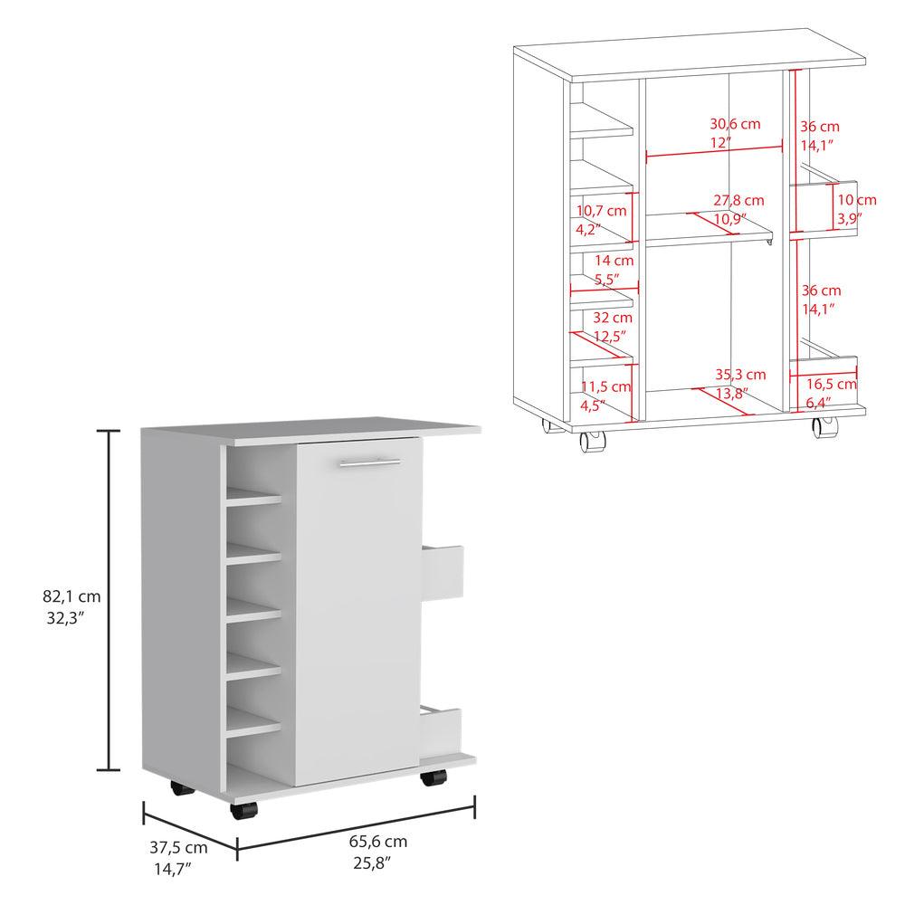 Bar Movible Liam, Blanco Duqueza, con espacio para ubicar copas y rodachines ZF - VIRTUAL MUEBLES