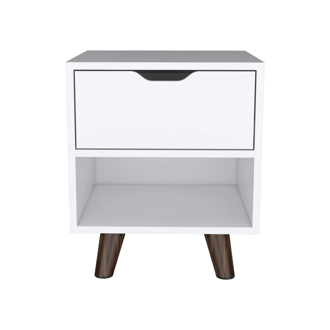 Mesa de Noche Canelo, Blanco, con Patas en Madera y un Cajón ZF - VIRTUAL MUEBLES