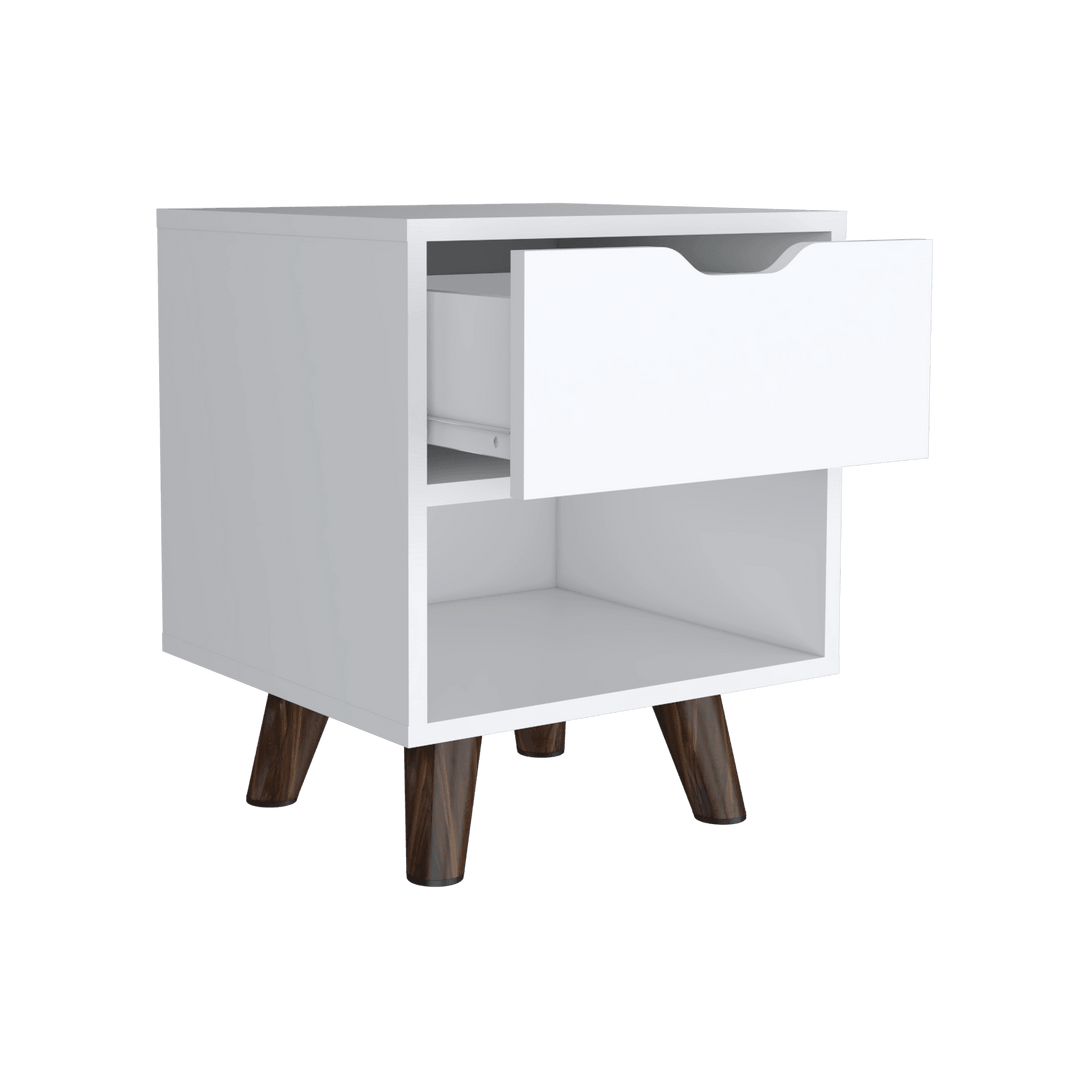 Mesa de Noche Canelo, Blanco, con Patas en Madera y un Cajón ZF - VIRTUAL MUEBLES