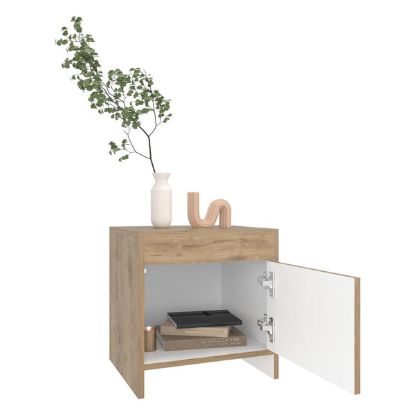 Mesa de Noche Tutto, Macadamia y Blanco Duqueza, con Cajón Para Guardar Objetos Ideal Para Espacios Reducidos