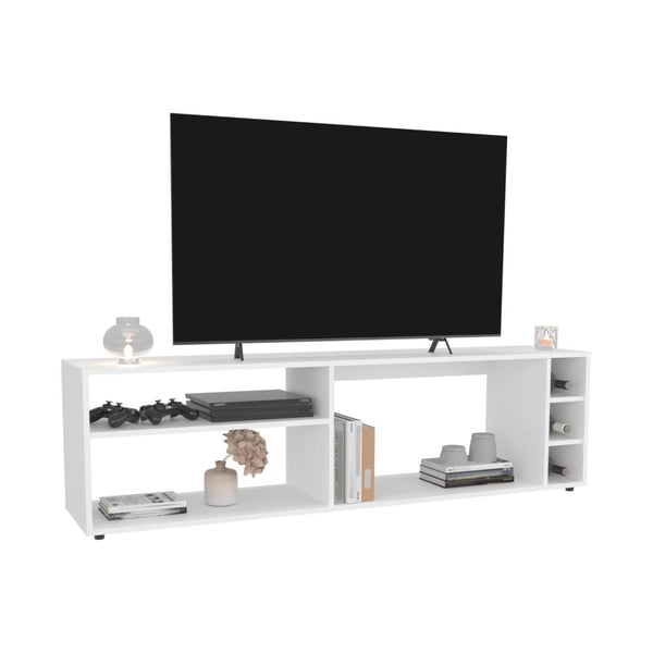 Mesa para TV Sunta, Blanco Duqueza, con amplios espacios para ubicar dispositivos de entretenimiento 70"