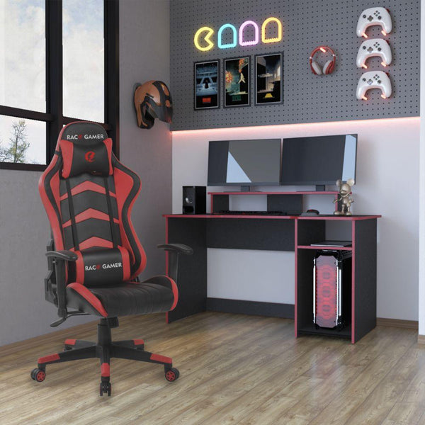 Combo Gamer , Wengue y Rojo, Incluye Escritorio y Silla Gamer - VIRTUAL MUEBLES