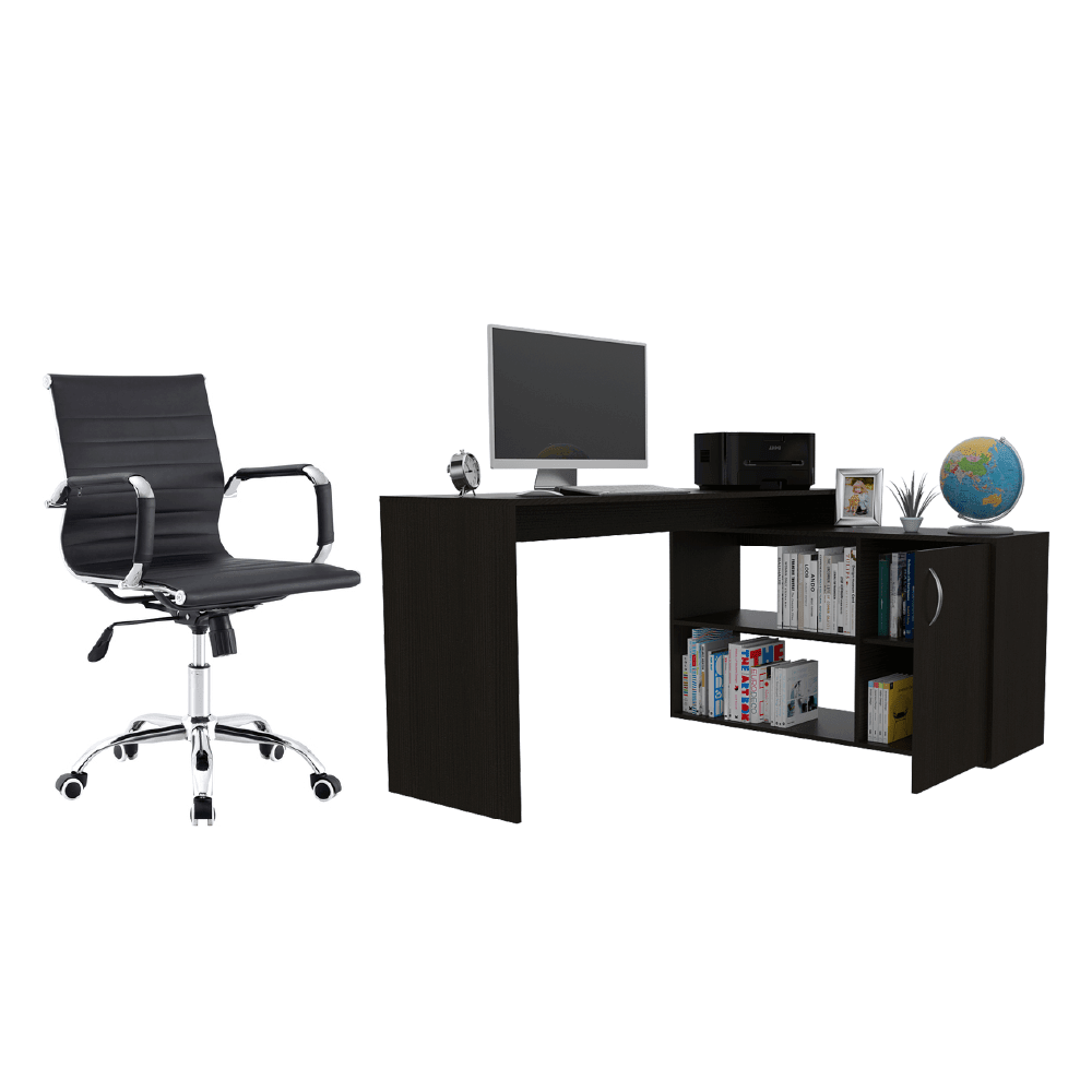 Combo para Oficina, Preto, incluye Escritorio y Silla de Escritorio, Wengue - VIRTUAL MUEBLES